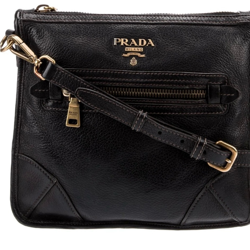 Prada Black Glacé Calf Leather Messanger Crossbody Bag with Gold Accents